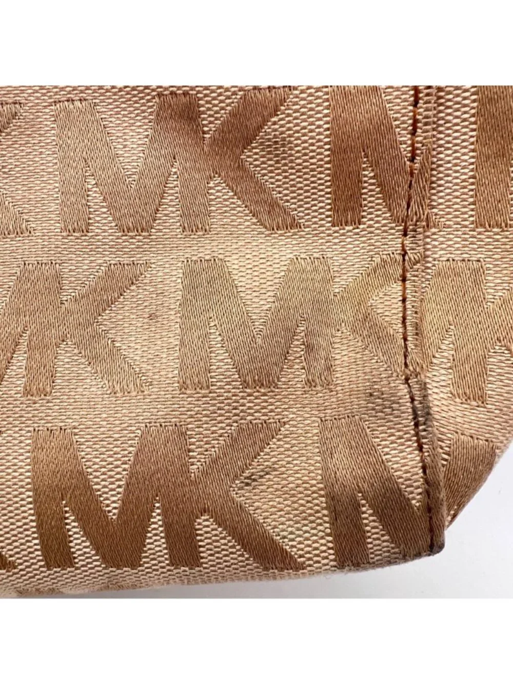 Michael Kors MK Logo Canvas Tote Bag Adjustable Leather Straps Beige Brown Gold